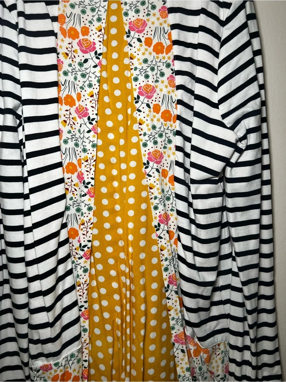 Black and White Striped Long Sleeve Dress with Floral and Polka Dots on Back